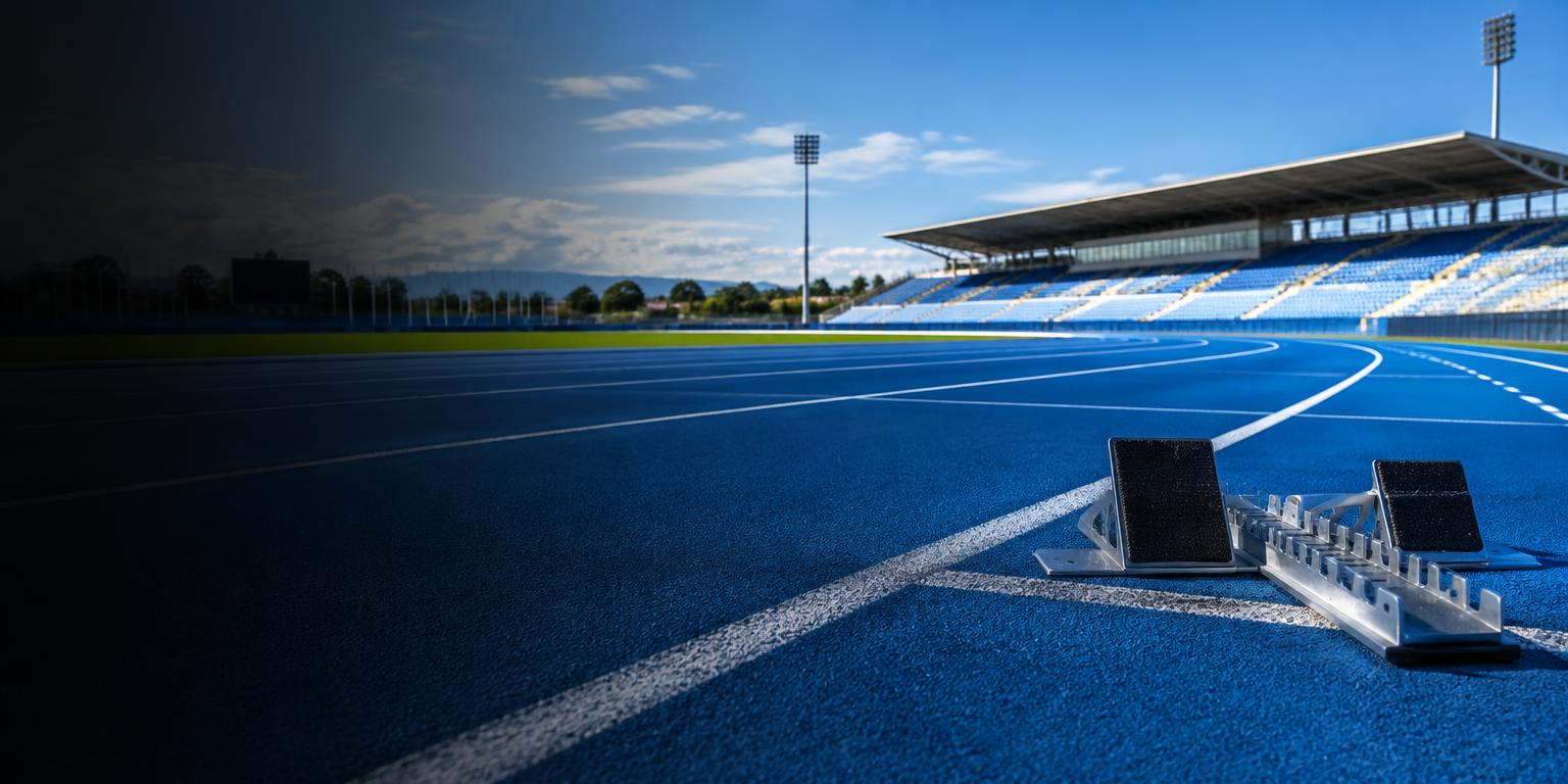 Pista de atletismo azul e blocos de largada